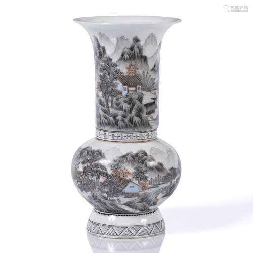 Four section Yen Yen vase Chinese, Republic period painted with a frieze of mountainous river