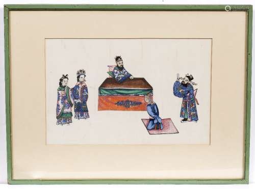 Rice paper drawings Chinese, 18th century one depicting a court scene the other a group of