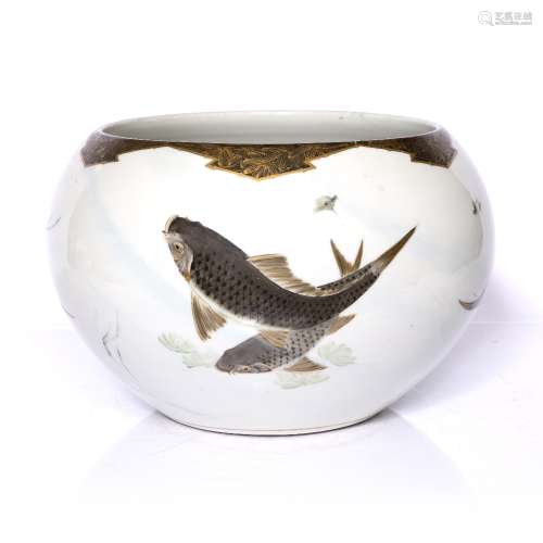 Fukagawa porcelain fish bowl Japanese, circa 1900/1920 painted with carp around the sides, signed