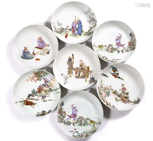 Group of nine polychrome enamel shallow dishes Chinese, 19th Century painted in enamels with various