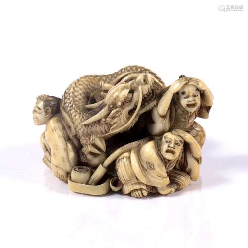 Ivory Netsuke Japanese, late Meiji period four men partaking of a Cha-no-yu ceremony standing and