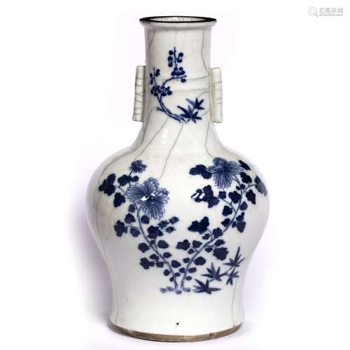 Crackle ware arrow vase Chinese, 19th Century with raised peonies in blue 34cm high