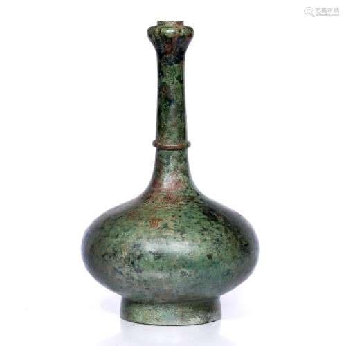 Bronze vase Chinese bottle form, the squat globular body painted in green and brown supporting a