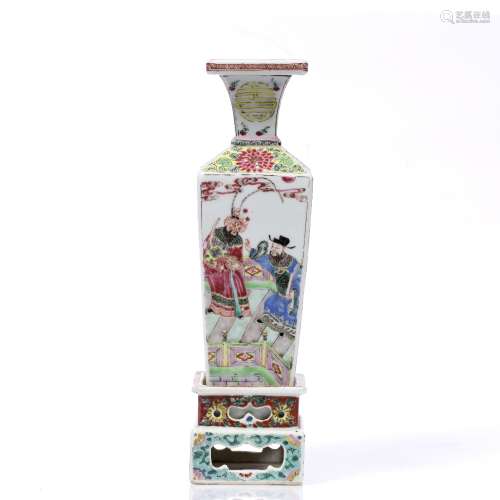 Square vase Chinese, 19th Century in famille verte, depicting figures in a court, on a separate