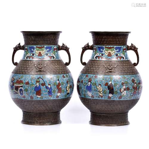 Pair of bronze and champleve vases Japanese, 19th Century having archaic style scroll decoration and