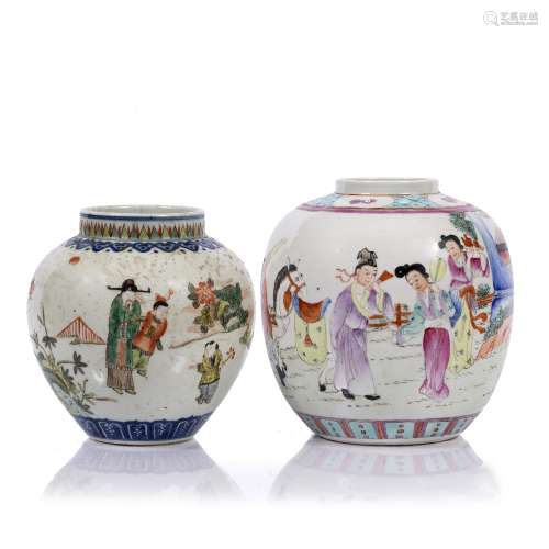 Two ginger jars Chinese, 19th Century one painted with band of travelling figures, over painted four