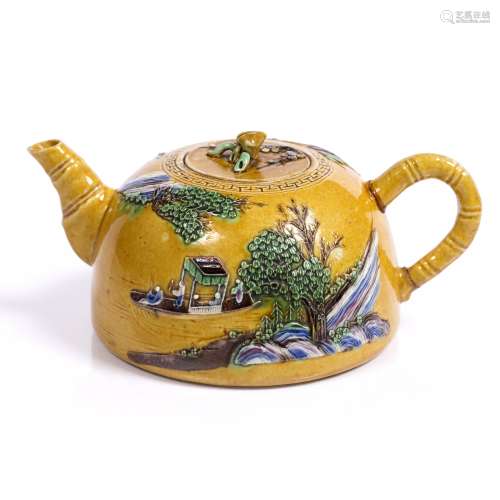 Jingdechen yellow glazed teapot and cover Chinese, Daoguang (1821-1950) the domed body carved and