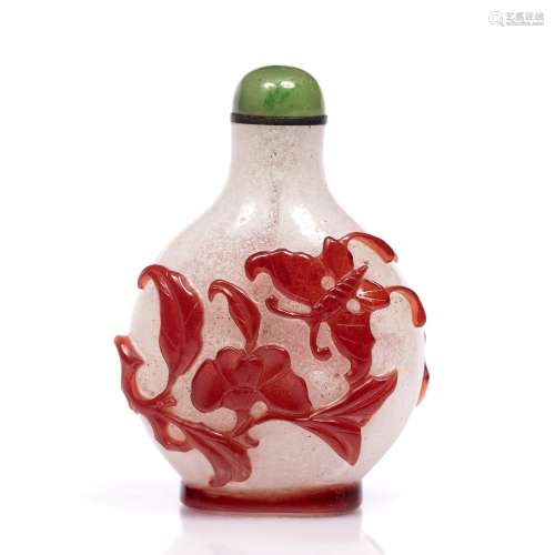 Beijing cameo glass snuff bottle Chinese, 1840-1880 of flattened bulbous form decorated in red