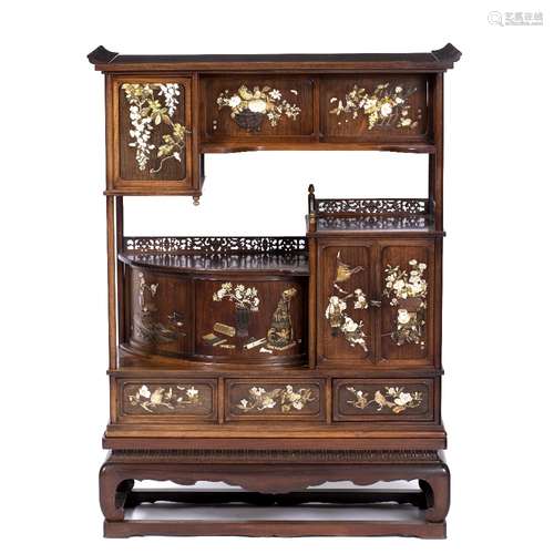 Shibayama shodana Japanese ivory,mother-of-pearl and lacquer detailed, decorated brown hardwood