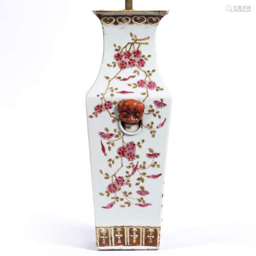 Porcelain square vase/table lamp Chinese, 19th Century with blossom decoration and mask handles 41cm