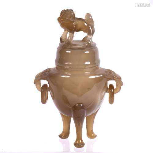 Carved agate censer and cover Chinese, late 19th Century with kylin finial on three feet 10cm