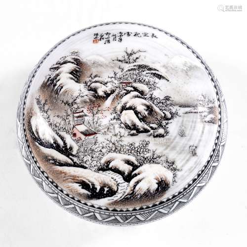 Monochrome bowl and cover Chinese, Republic Period painted with winters scene, inscription and