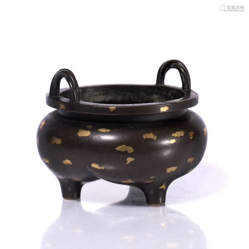 Bronze Censer Chinese, 19th century with gold splash decoration, the handles modelled in rope twist,