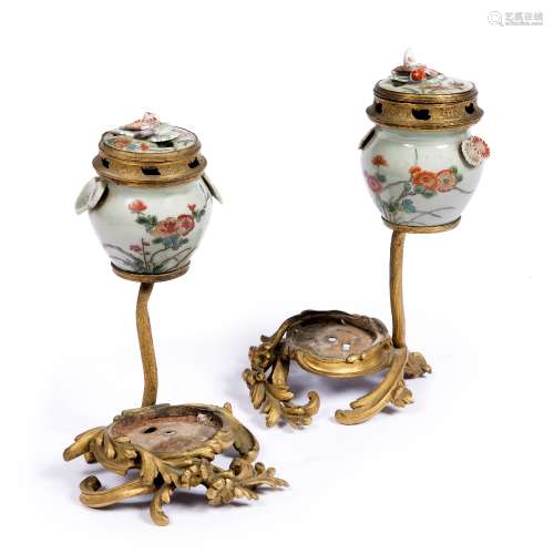 Pair of celadon covered cups Japanese, 19th Century with ormolu mounts and six supper dishes