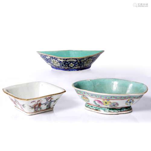 Three dishes Chinese comprising of a square dish decorated with figures, 20cm, an oval bowl with