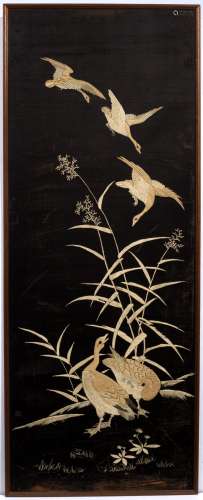 Set of four embroidered panels Japanese, circa 1900 the black velvet ground pictures depicting