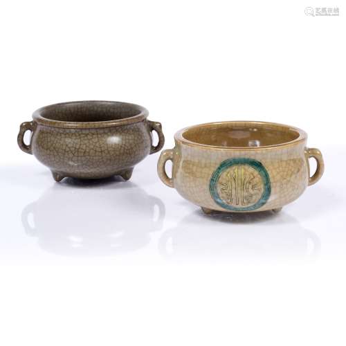 Crackleware censer Chinese, 18th Century with old label 13cm and one other crackle ware censer, 13cm