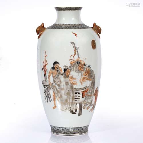 Large white ground vase Chinese, Republic Period painted in monochrome and iron red with Louhans