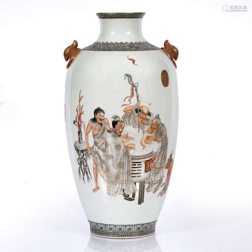 Large white ground vase Chinese, Republic Period painted in monochrome and iron red with Louhans