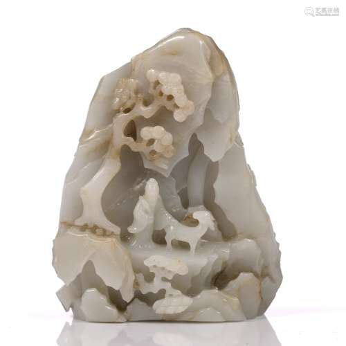 Carved white and slightly rust tinted white jade mountain Chinese, Qianlong finely and deeply carved