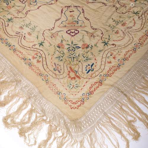 Ivory ground embroidered shawl Chinese, circa 1930 with vases, birds and flower designs