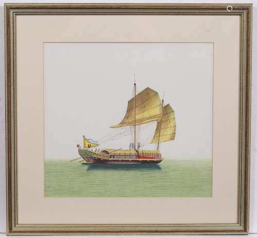 A set of four watercolours Chinese 19th Century each of an ornately decorated Junk ship, on paper