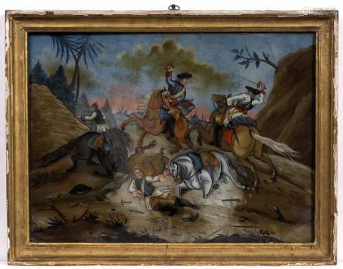 Reverse glass study Chinese, 19th Century depicting European scene of cavalry engaging during a