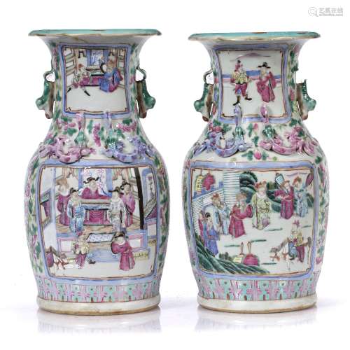 Pair of Canton vases Chinese, 19th Century painted in enamels with a court scene 37cm