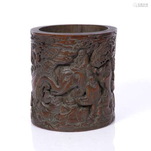Bamboo brush pot Chinese, late 19th/early 20th Century carved with scholars 16cm high x 14cm