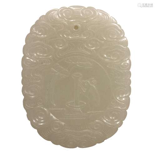 White jade oval pendant plaque Chinese, 18th/19th Century carved on each side with a medallion