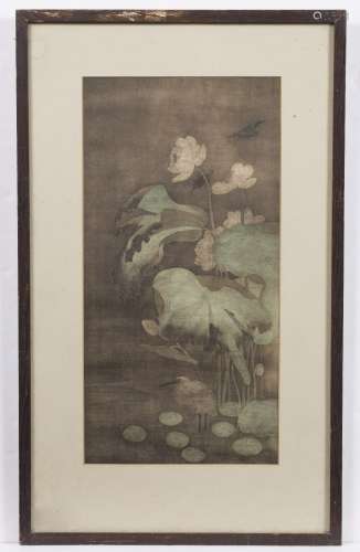 Watercolour Chinese study of a lotus with kingfisher and heron, on paper 47cm x 23cm