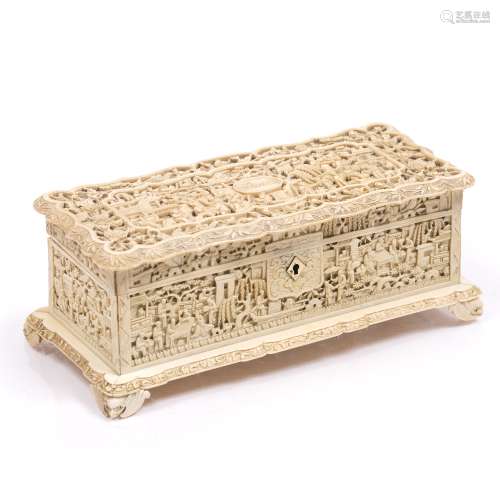 Canton carved ivory box Chinese, 19th Century all over scenes of various figures with foliate border