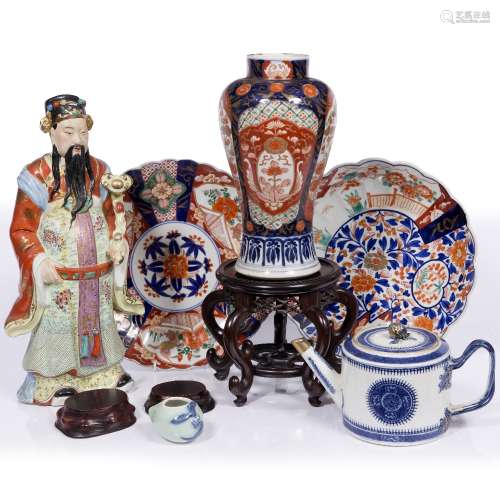 Group of pieces Chinese & Japanese including stands, Fitzhugh pattern teapot, Imari vase and dishes,