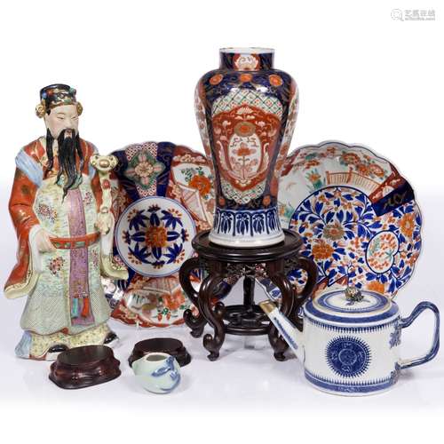 Group of pieces Chinese & Japanese including stands, Fitzhugh pattern teapot, Imari vase and dishes,