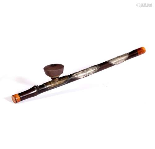 Opium pipe Chinese, 19th century bamboo stem, silver decals, brass saddle, ivory mouth and end