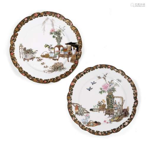 Pair of Kutani plates Japanese,Meiji period each delicately painted with vases,figures,birds,baskets
