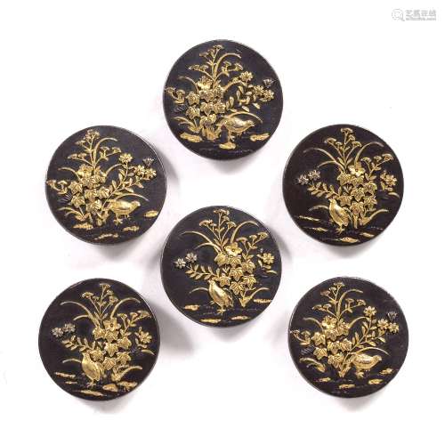 Set of shibuichi buttons Japanese, Meiji Period decorated in gold with variously posed quails amidst