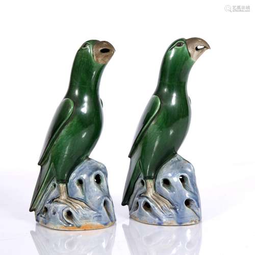 Pair of Chinese green glazed parrots Chinese, Kangxi (1662-1722) with black pupils and unglazed