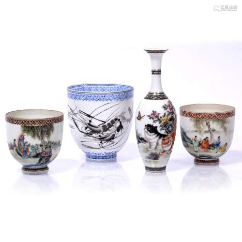 Three eggshell cups and a vase Chinese, Republic Period each painted with scholars at a waters edge,