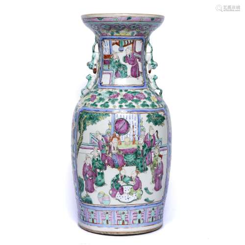 Canton famille rose vase Chinese, 19th Century painted with ceremonial figures within a flowering