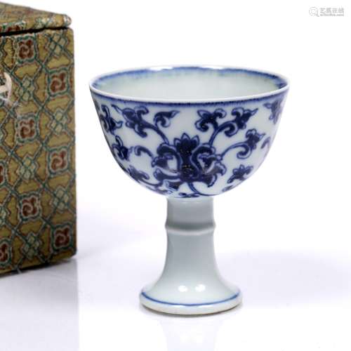 Porcelain stem cup Chinese painted with Indian lotus, with a lined case 9cm