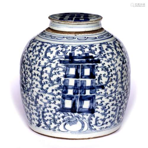 Large blue and white ginger jar and cover Chinese, 19th Century with calligraphy and scroll