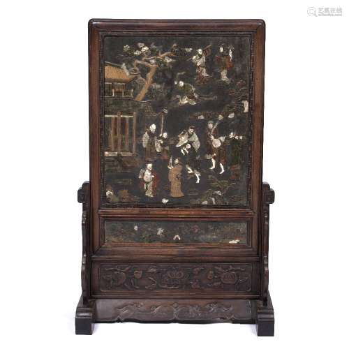 Large table screen Chinese, 19th Century the hardstone panel set with various mother of pearl,