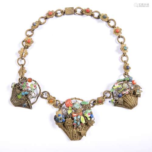 Gilt filigree necklace Chinese, circa 1920 with coral and enamel mounts