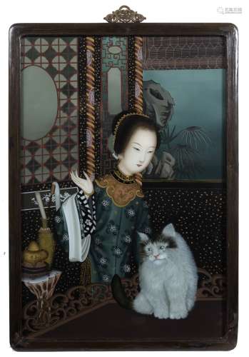 Reverse painting on glass Chinese depicting a woman and cat, in a carved hardwood frame 70cm x 49cm