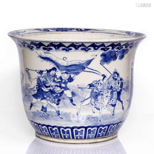 Large blue and white planter Chinese, 19th Century depicting a battle scene all around, with a