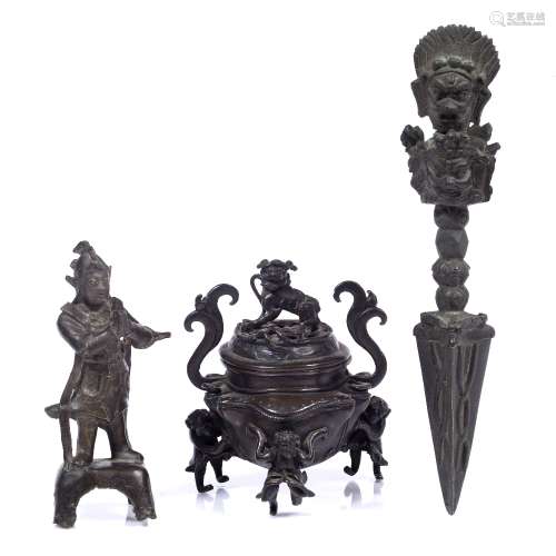 Bronze censer and cover Chinese, 19th Century 12cm a bronze warrior figure, 15cm and a bronze