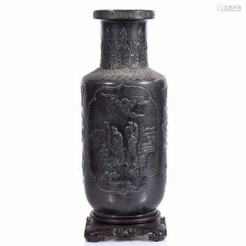 Monochrome Rouleau vase Chinese 19th Century with large relief panels of a river landscape, the