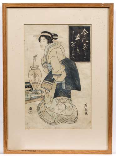 Colour woodblock print Japanese, 19th century depicting a woman in a domestic scene 33cm x 21cm