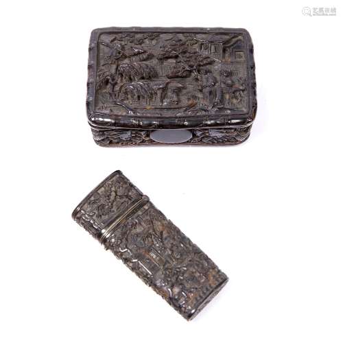 Tortoiseshell snuff box Chinese, 19th Century carved with junk and two attendant figures to the